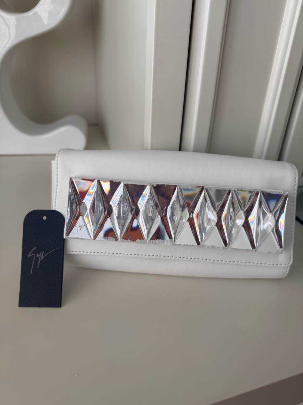 GIUSEPPE ZANOTTI Design White Crystal Leather Clutch Small Purse Bag Authentic